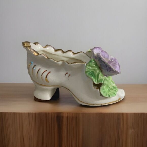 Purple Rose Shoe ceramic Figurine Hand Made TET China Clay Green Leaf Vintage - Picture 5 of 11